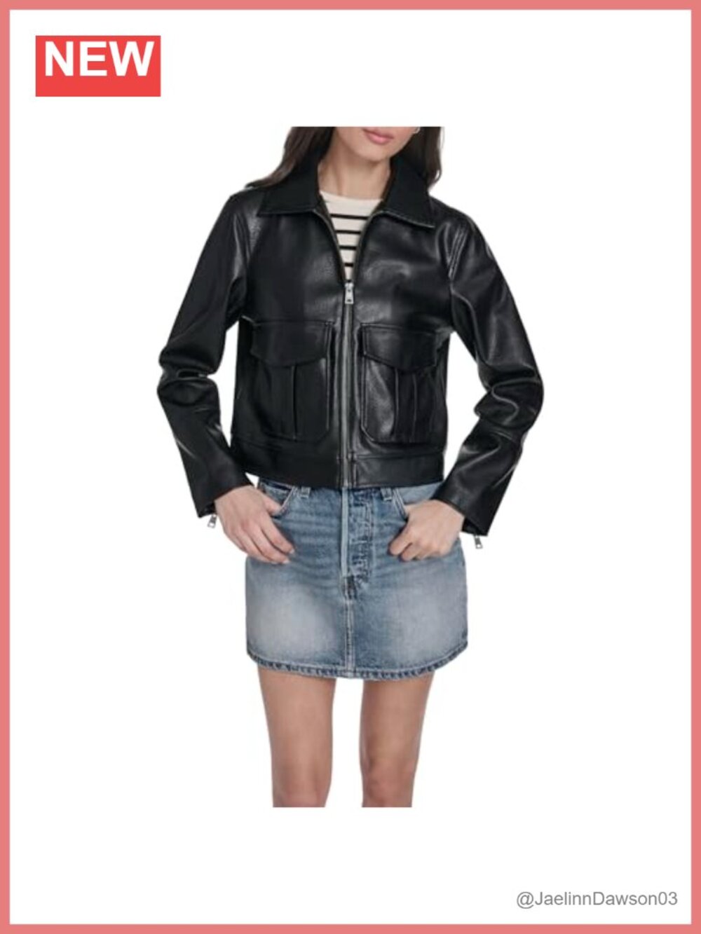 Cropped Faux Leather Moto Jacket Full Zip Point Collar